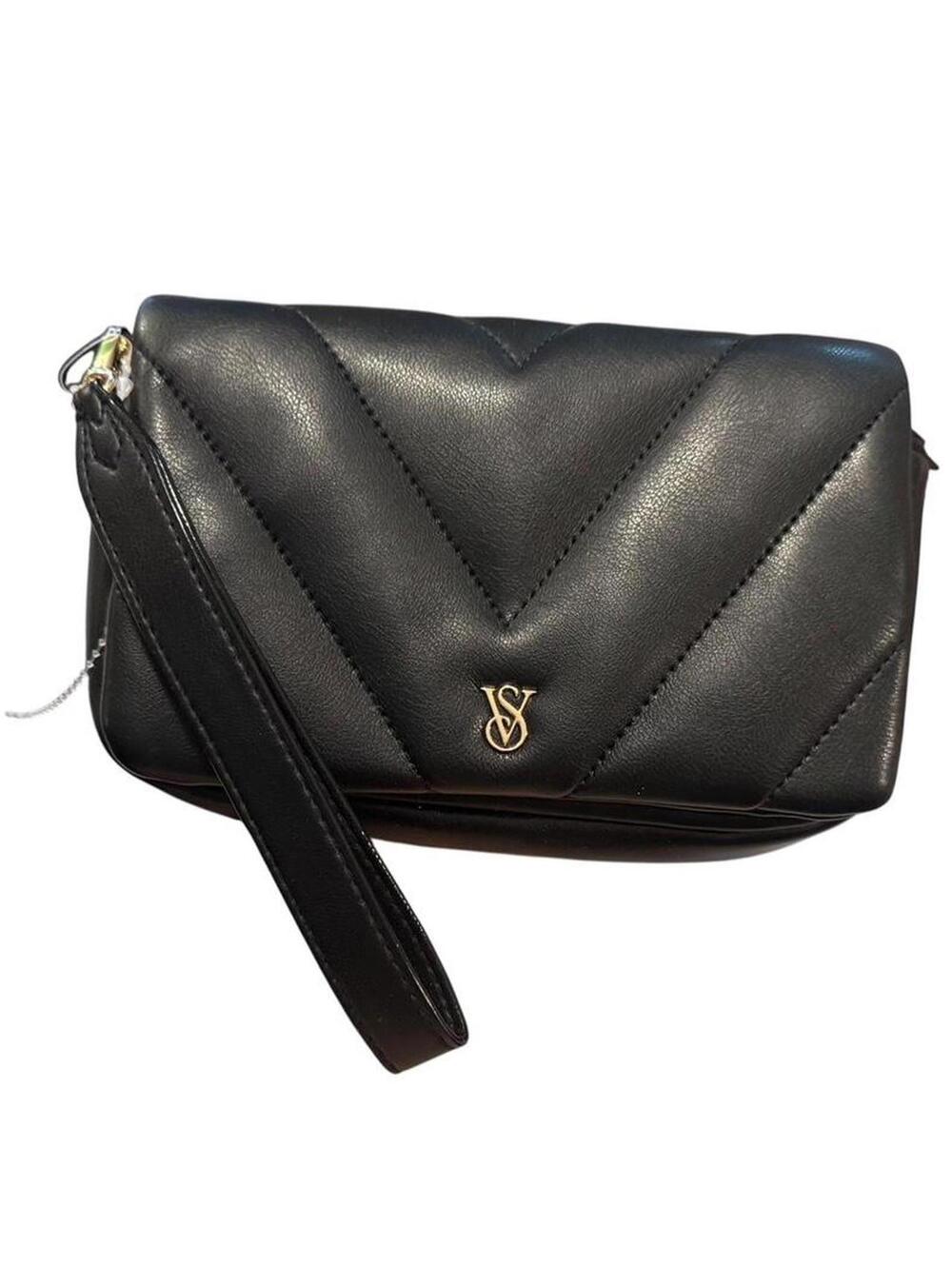 Victoria’s Secret black quilted faux leather wristlet wallet with gold VS logo